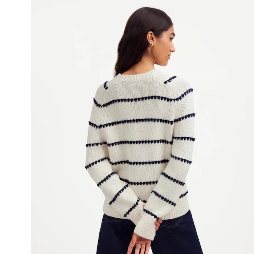 Madewell Textured Cotton Crewneck Sweater Stripe Ivory Navy XS Coastal FA24 - Picture 2 of 10